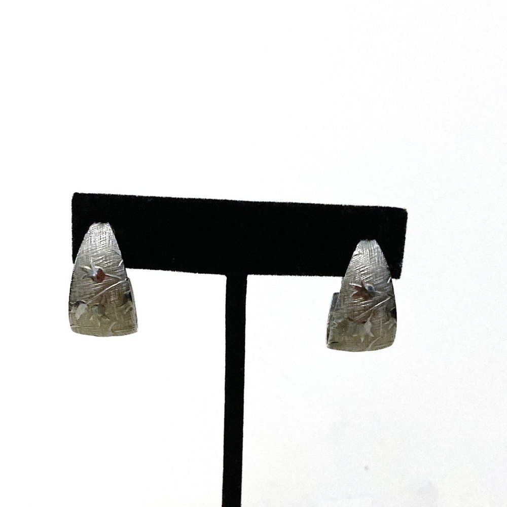 Floral Embossed Silver Tone Textured Hoop Earrings  Leverback Closure